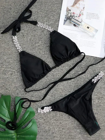2026 Shiny Rhinestone Diamond Bikini Women Swimsuit Female Swimwear Two Pieces Bikini Set Halter Metal Chains Bathing Suit Swim