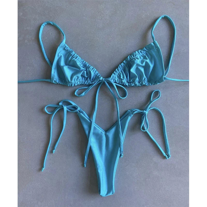 BIQIUYYI Brazilian Sexy Micro Mini Thong Bikini Set Summer Bandage Swimsuit Women Pleated Bathing Suit Beachwear Halter Biqiuni