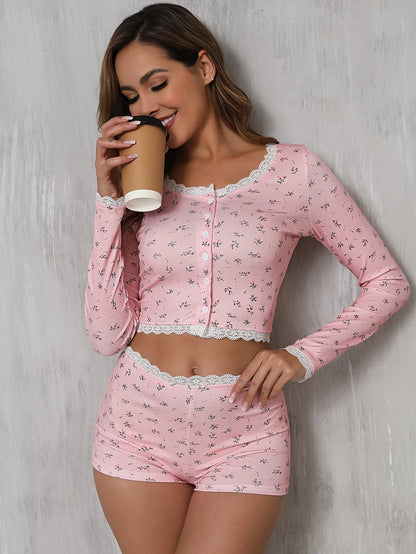 Women’s French Floral Lace Two Piece Set Long Sleeve Cardigan and Shorts Elegant Fashion Outfit Casual Chic Ladies Clothing