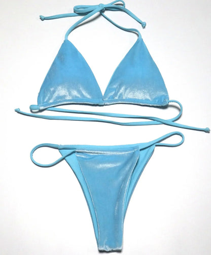 Sexy Velvet Swimsuit for Women, Micro Bikini Set, Thong Swim Suit, 2 Piece Bathing Suit for Ladies, Green String Bikini, 2022