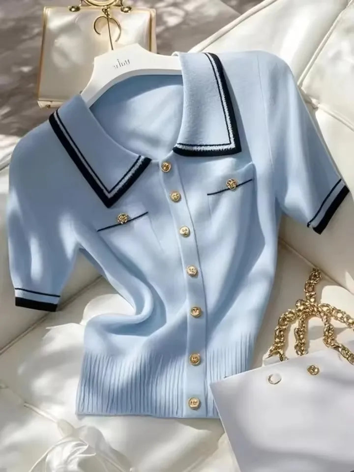 French High end Ice Silk Polo Shirt Women Summer Chic Thin Unique Jacquard Knitted Short Sleeve Loose White T-shirt Women Top