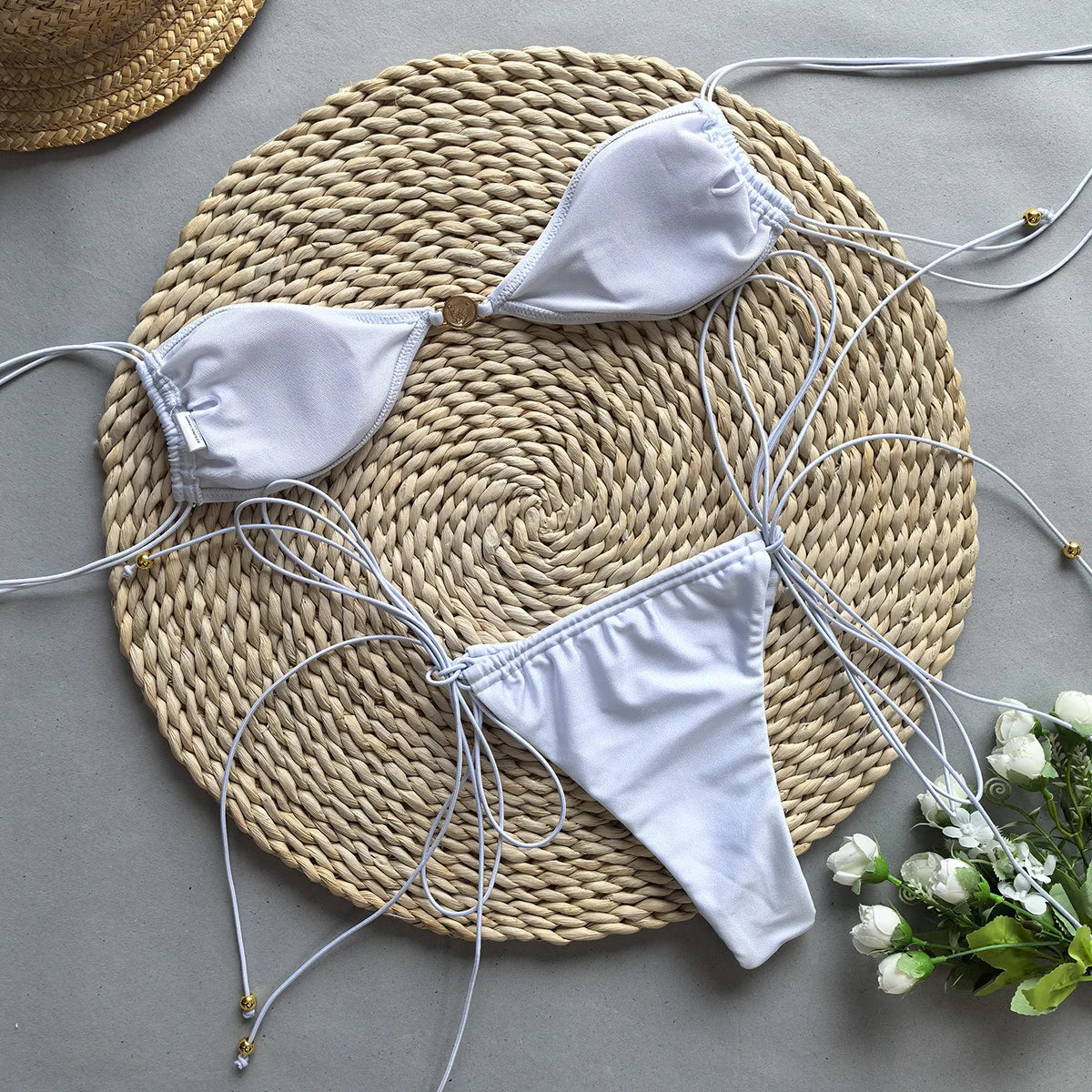 Solid White Black Bikini for Women Cut Out Swimwear Low Waist Swimsuit Micro Bikinis Set Bathing Suit Triangle Beachwear 2024