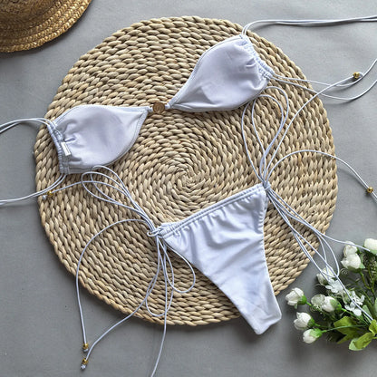 Solid White Black Bikini for Women Cut Out Swimwear Low Waist Swimsuit Micro Bikinis Set Bathing Suit Triangle Beachwear 2024