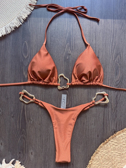 Sexy Solid Color Halter Lace-up Low Waist Bikini Set Women's Two Pieces Triangle Thong Swimsuit Bathing Suit Brazilian Biquinis