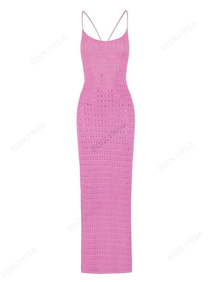 Sexy Knit Cut Out Tassel Spaghetti Strap Bodycon Beach Maxi Dress Summer Women's Holiday Club Party Outfit Swimsuit Cover Up K10