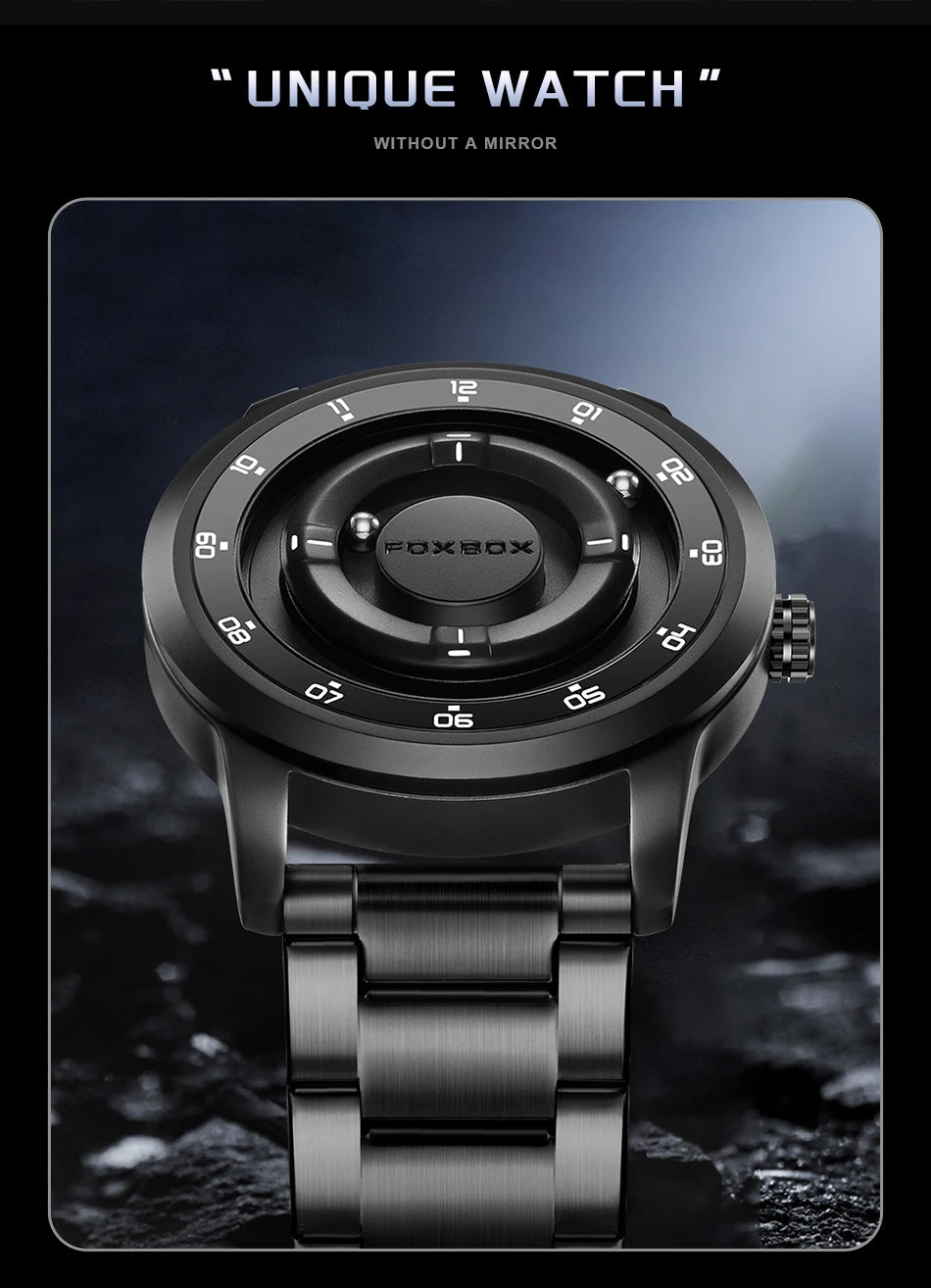 FOXBOX Personalized Mens Watches Creative Simple Floating Magnetic Pointer Quartz Wristwatch Steel Waterproof Watch for Man