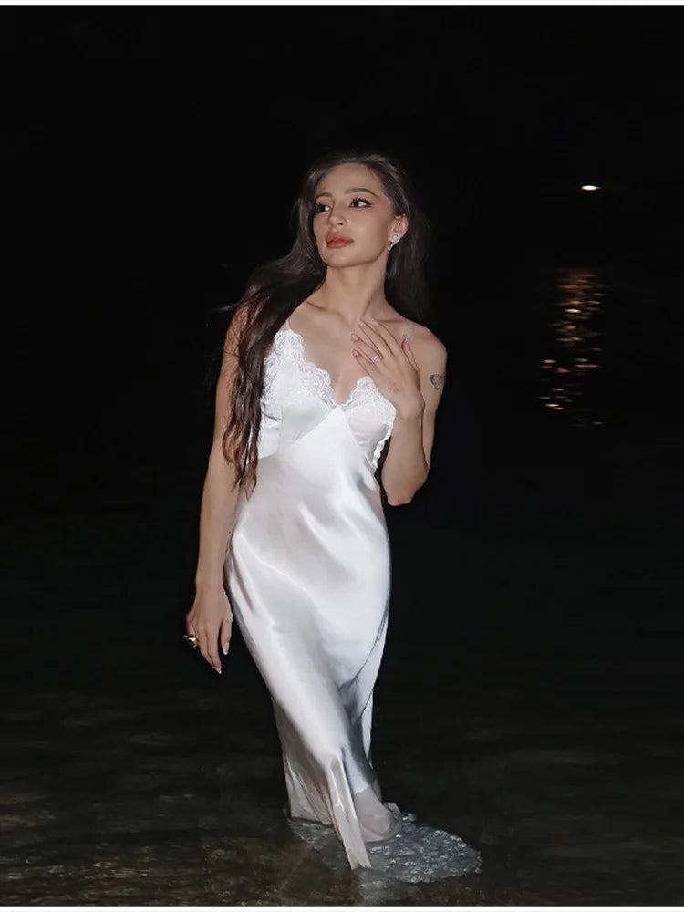 2025 Elegant Satin Solid Maxi Dresses Women Luxury Lace Splicing Sleeveless Off Shoulder Backless V-neck Robe Lady Party Outfits