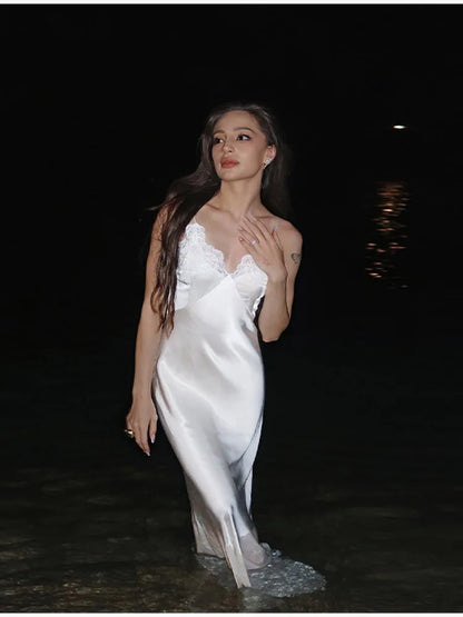 2025 Elegant Satin Solid Maxi Dresses Women Luxury Lace Splicing Sleeveless Off Shoulder Backless V-neck Robe Lady Party Outfits