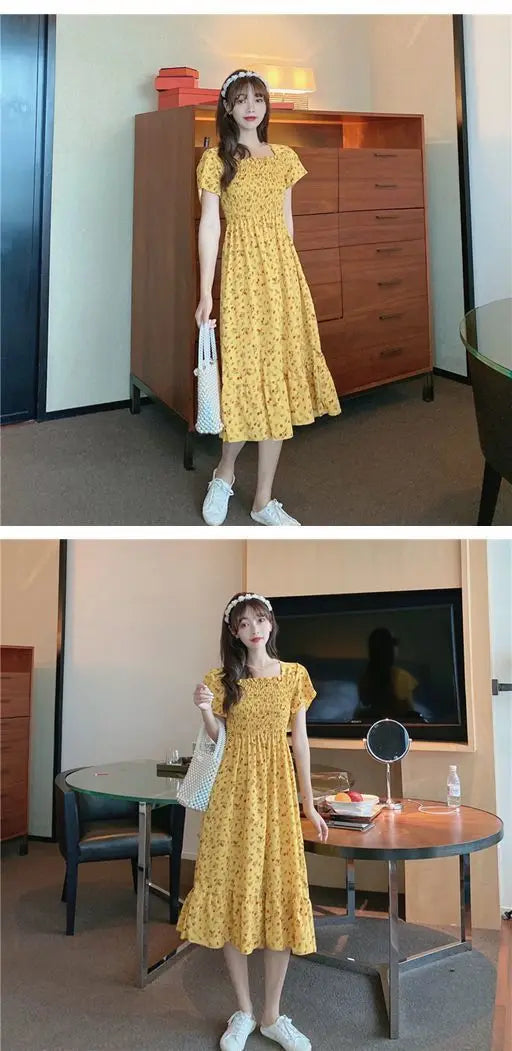 2025 Spring Summer New Dress Women Mini Dresses Female Short Sleeve Elastic Bust Printed Floral Pleated Backless Casual Dress