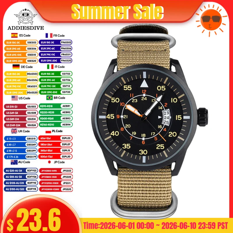 ADDIESDIVE Men Luminous Watch 5Bar Waterproof High Quality Nylon Strap Wristwatch Men Quartz Wirst Watches Relogio Masculino