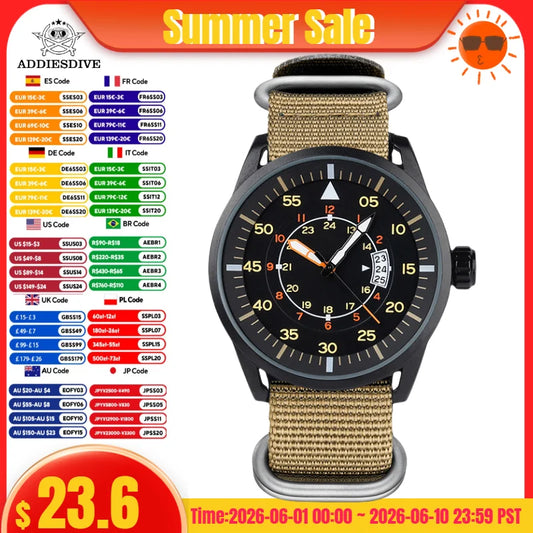 ADDIESDIVE Men Luminous Watch 5Bar Waterproof High Quality Nylon Strap Wristwatch Men Quartz Wirst Watches Relogio Masculino