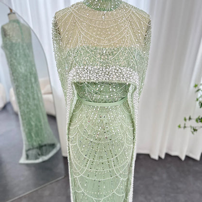Sharon Said Luxury Pearls Dubai Champagne Evening Dresses with Cape New Arabic Women Mermaid Wedding Party Prom Dress SS369