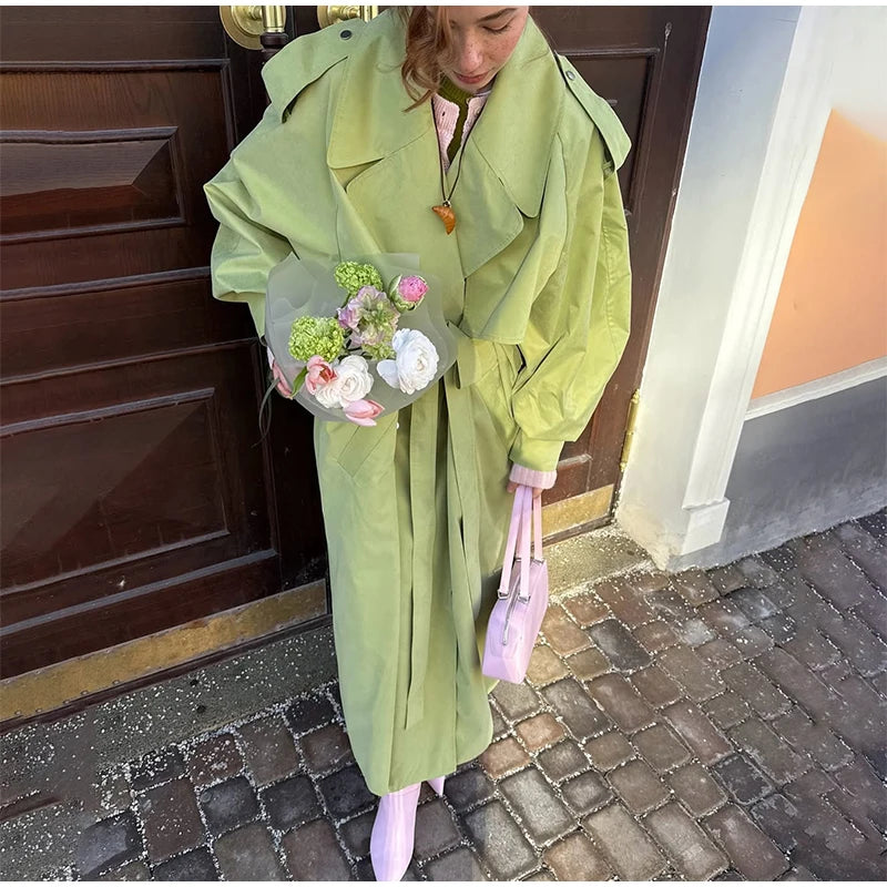 Women Green Lapel Trench Coat Fashion Belted Long Sleeve Loose Outerwear Chic 2025 New Autumn Street Travel Leisure Lady Outwear