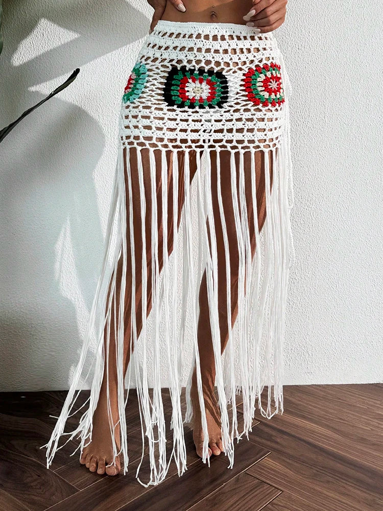 Crochet Tassel Bikini Cover Up Dress Beach Wear Women Tie Up Bather Bathing Suit Tassel Long Skirt Swimsuit Cover Up Beach Dress