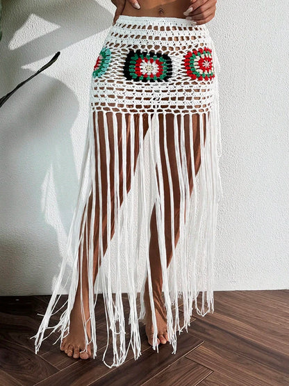 Crochet Tassel Bikini Cover Up Dress Beach Wear Women Tie Up Bather Bathing Suit Tassel Long Skirt Swimsuit Cover Up Beach Dress