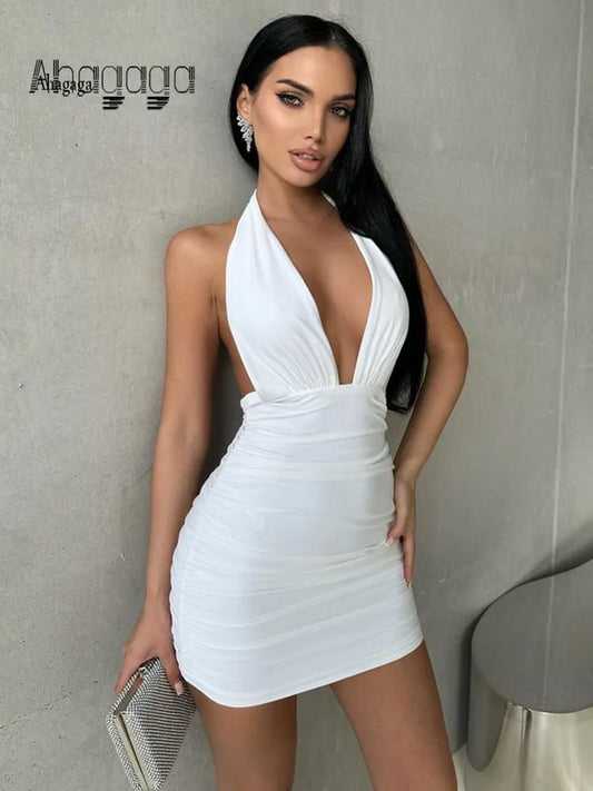 Ahagaga Sexy Club Solid Mini Dresses Fashion Streetwear Halter Backless Casual Deep V-neck Slim Skinny Women Vestidos Ruched