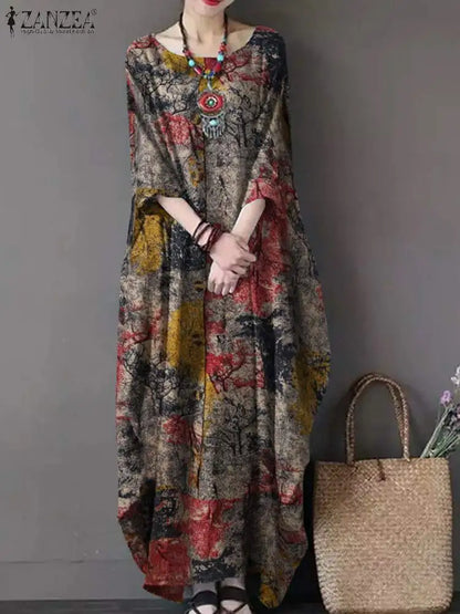 ZANZEA Bohemian Vintage Robe Women Maxi Long Dress Elegant Floral Printed Sundress Causal Loose Cotton Vestidos Autumn Dresses