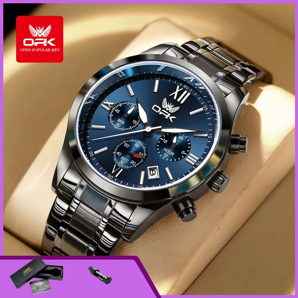OPK 6052 Chronograph Quartz Wristwatch Original Steel Strap Waterproof Luminous Calendar Fashion Elegant Men's Business Watches