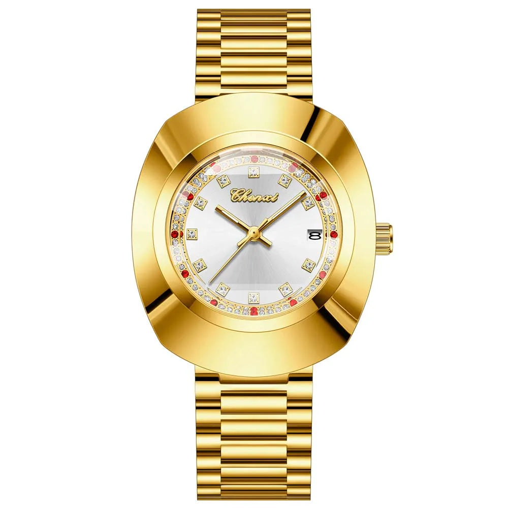 CHENXI Couple's Matching Quartz Watches Gold-Tone High-Fashion Diamond-Studded Waterproof Steel Bracelet Timepieces