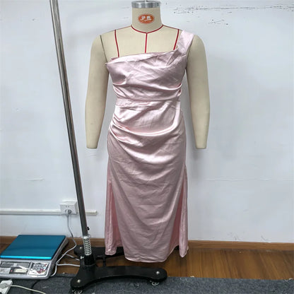 One Shoulder Satin Women 's Maxi Dress Cowl Neck Ruched Waist Bodycon Dresses 2026 Summer Woman Formal Evening Party Vestidos