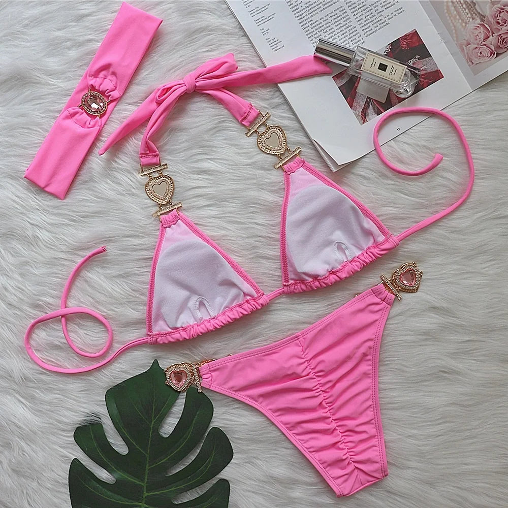 Pink Sexy Bikinis Swimsuit With Heart Rhinestones Women Swimwear Female Push Up Bikini Beach Swim Wear Bathing Suits Pool Bather