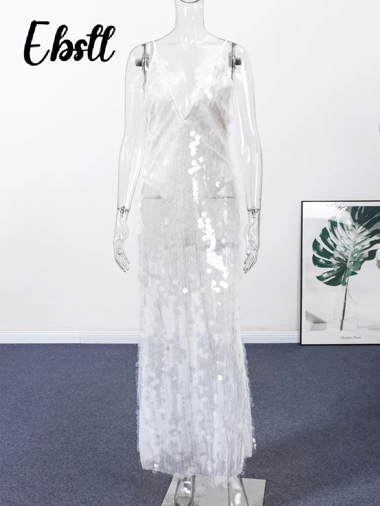 Sequins Lace Splicing Dress Women's Sexy V-veck Shiny Sleeveless Backless Sling Dresses 2026 Spring Summer New Ladies Beach Robe