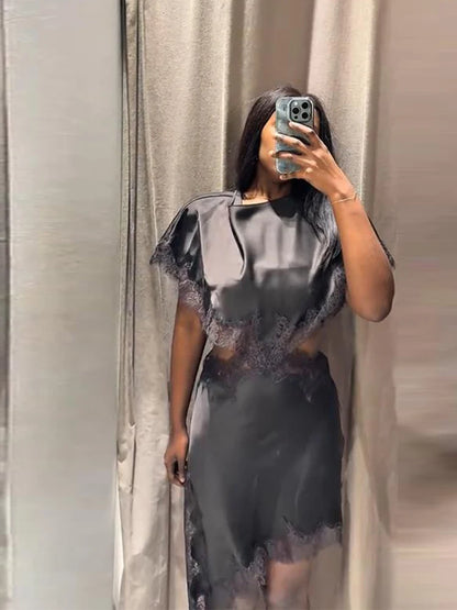Sexy Lace Patchwork Waist Revealing Dress Women Fashion O-neck Short Sleeve High Waist Slim Dresses Female New Chic Casual Robe