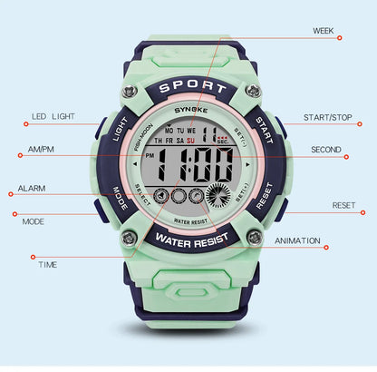 Synoke Shockproof Digital Sport's Watches Fashion PU Strap 50M Waterproof Colorful Light Led Chronograph Women's Wristwatch