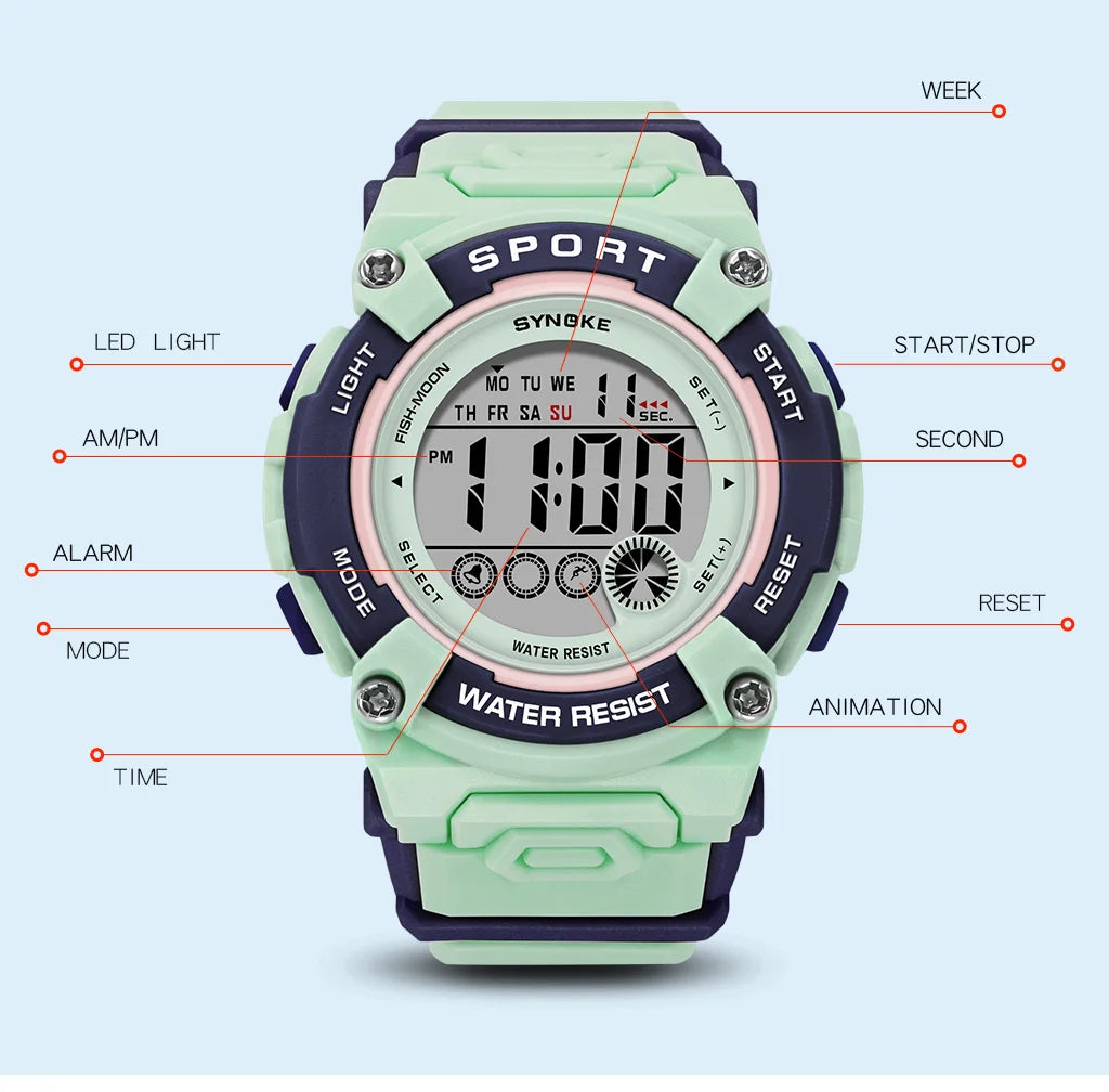 Synoke Shockproof Digital Sport's Watches Fashion PU Strap 50M Waterproof Colorful Light Led Chronograph Women's Wristwatch