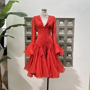 VGH Sweet Ruffles Elegant Knee Length Dresses for Women Round Neck Flare Sleeve High Waist Spliced Button  A Line Dress Female