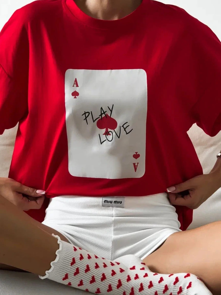 Bornladies 100% Cotton Poker Card Printed T-Shirt Women's Fashionable O-Neck Loose Short Sleeved Female Summer New Casual Top