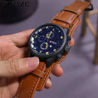 Retro Men's Watches High-end Luxury Man Watch PU Leather Strap Date Business Quartz Watch Big Dial Military tactical Wristwatch