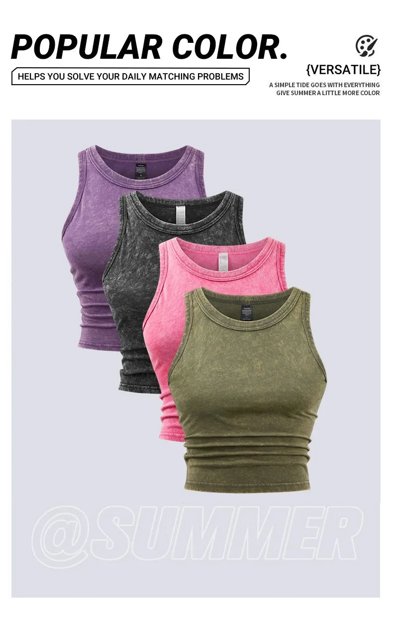 Y2k Cotton Solid Tank Tops For Womens Summer Sexy Sleeveless O-Neck Tight Washed Crop Tees Casual All-math Basic Streetwear