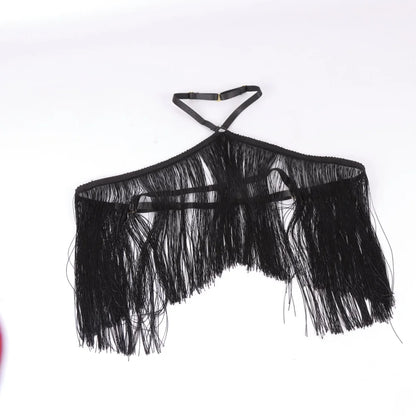 Women'S Black Tassel Halter Top-Adjustable Elastic Harness, All-Season Wear, Casual Attire Top,Tassel Detail Top