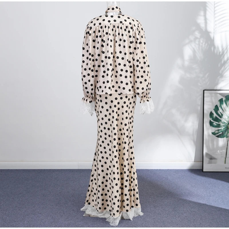 Satin Polka Dots V Neck Maxi Dress Suit Women Elegant Ribbon Full Sleeve Blouse Waist Cinching Long Skirt 2026 Lady Party Outfit