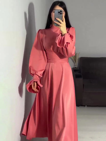 Eid Satin Muslim Dress for Women Abaya Party Dresses Ramadan Lace-up Islam Flare Sleeve Vestidos Largo Dubai Arab Long Robe 2024