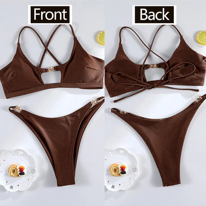 Miyouj Bandage Swimwear Summer Swimsuit High Cut Bikini Set Solid Sexy 2-Piece Suit New Bathsuit Hollow Out Thongs Beachwear