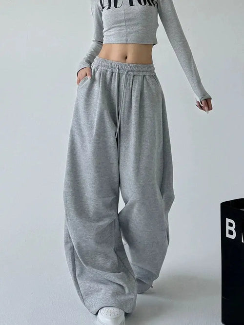 2025 New Harajuku Wide Leg Sweatpants Women Streetwear Baggy Oversize Gray Sports Pants Woman Drawstring Casual Joggers Trousers