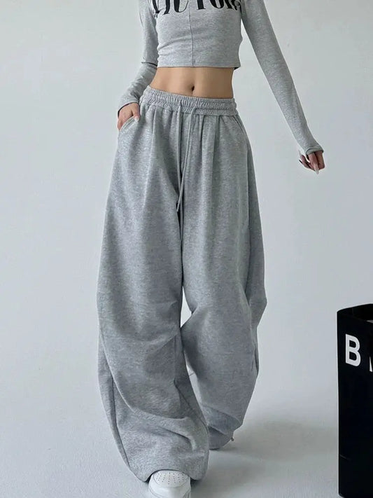 2025 New Harajuku Wide Leg Sweatpants Women Streetwear Baggy Oversize Gray Sports Pants Woman Drawstring Casual Joggers Trousers