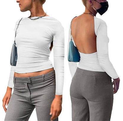 Backless Short Sleeve Blue Y2K Crop Top Women Casual O Neck  Summer T Shirts Sexy Vintage Cut Out