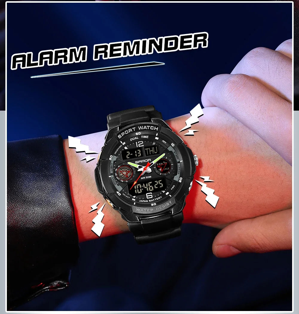 SANDA 6197 Top Class Men's Korean Student Electronic Watch Sports Multi functional Alarm Clock Waterproof Men's Watches 2024