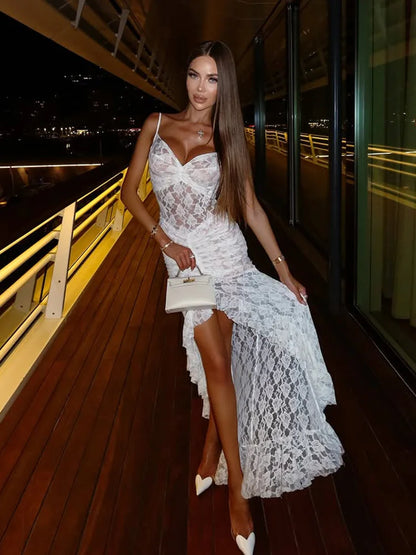 CNYISHE Lace Sheer Camisoles Solid Split V Neck Sheath Women Dresses Fashion Holiday Beach Sexy Club Female Bodycon Vestidos
