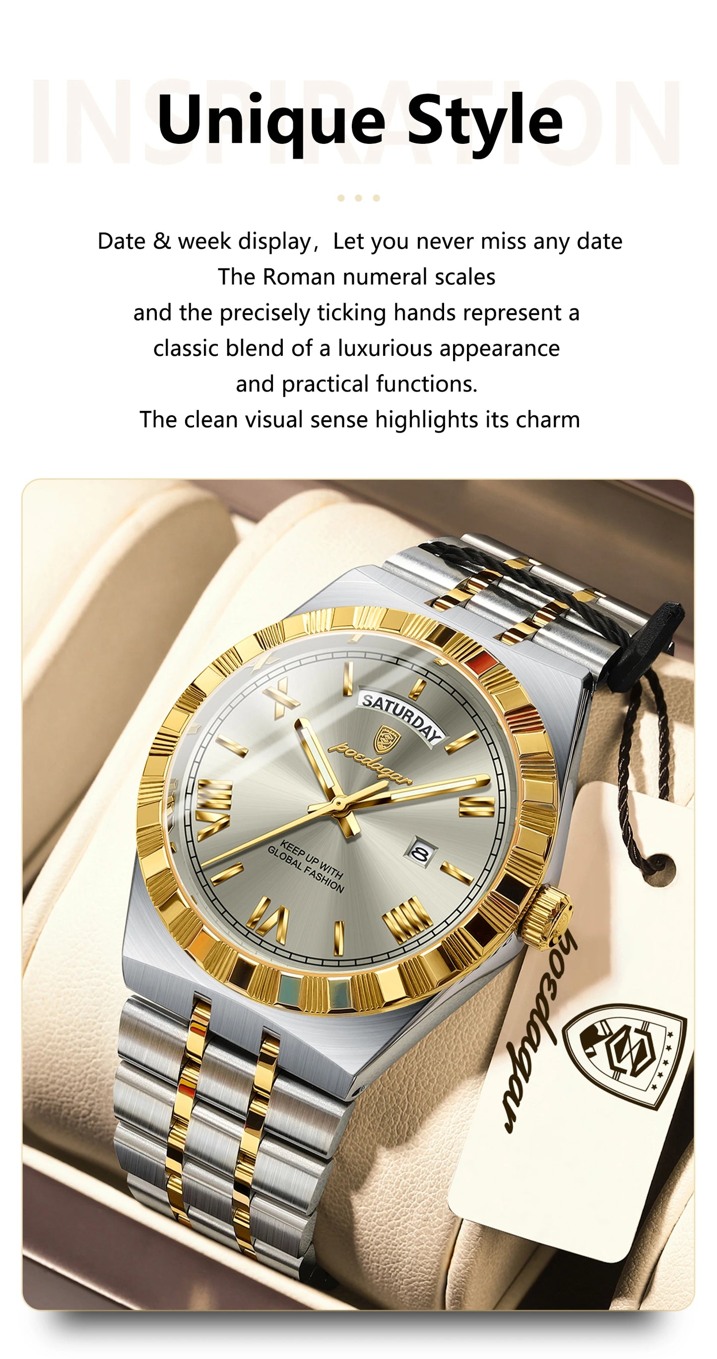 POEDAGAR Fashion Business Men's Watch Luminous Waterproof Week Date Luxury Man Wristwatch Stainless Steel Quartz Watches For Men