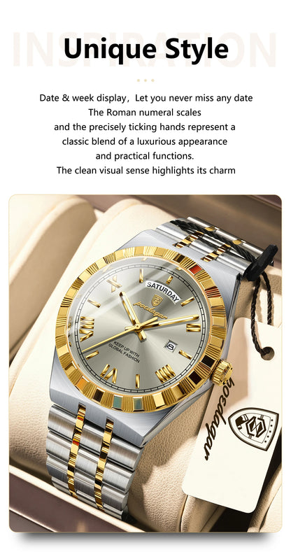 POEDAGAR Fashion Business Men's Watch Luminous Waterproof Week Date Luxury Man Wristwatch Stainless Steel Quartz Watches For Men