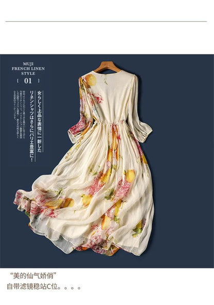 Limiguyue Summer Floral Print Silk Dresses Double Layers Ruffle Beaded Button A-Line Dress Elegant Chiffon Long Vestidos Z044