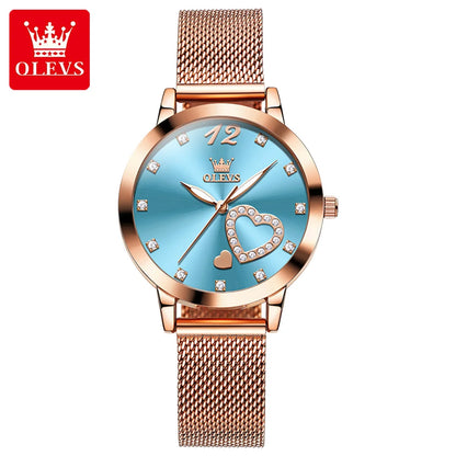 OLEVS 5189 Quartz Watch for Women Diamond Love Heart Design Fashion Elegant Rose Gold Mesh Steel Strap Waterproof Ladies Watches