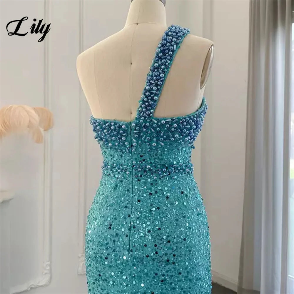 Lily Blue Gorgeous Rhinestones Prom Dresses One Shoulder Sleeveless Evening Dress Pearls Sequins Mermaid Party Gowns Customized