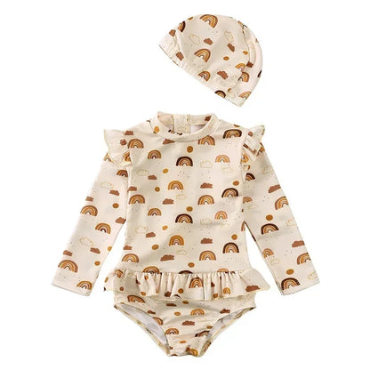 Girls Cute Backless Floral One-piece Swimsuit Baby Bikini Swimwear with hat Sun-proof Beach Vacation Toddlers Kids Chic Swimsuit