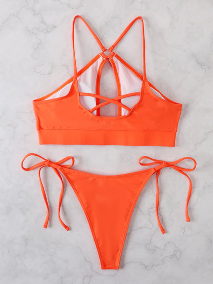 2025 Sexy Orange Bikini Hollow Out Push Up Two-Piece Swimsuit Women Halter Bandage Backless Thong Swimwear Summer Beachwear New