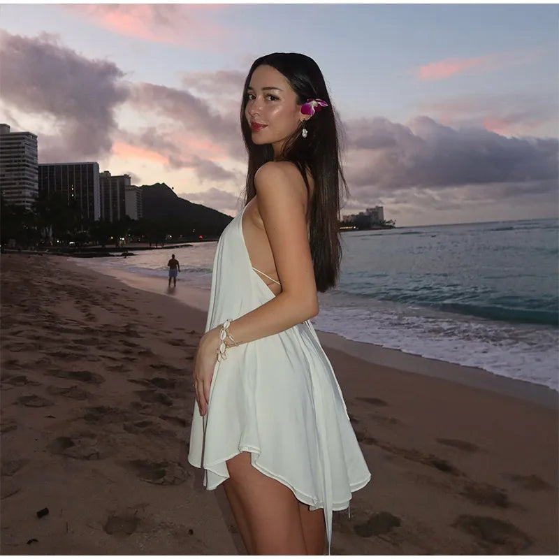 Sexy White Halter Backless Short Dresses Back Lace Up Tie-Waist Sexy Summer Beach Party High-Street Mini Dress Vestido For Woman